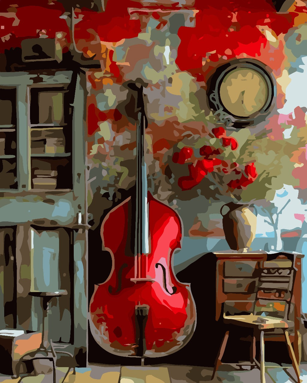 Paint by number of a Colorful room with a large red violin, books and a clock on a wall.