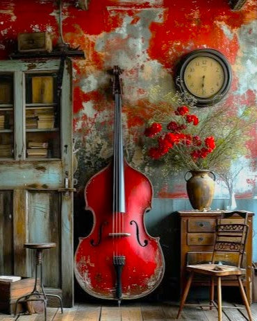 Full-size red double bass leaning against a heavily distressed wall with peeling red and grey paint, antique clock, wooden side table with red flowers and weathered cabinet
Red violin against a rustic wall with a clock and flowers