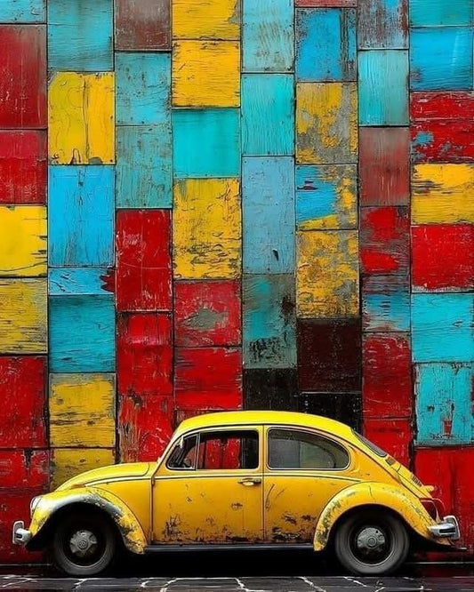 Yellow vintage car in front of a colorful, patchwork wall.