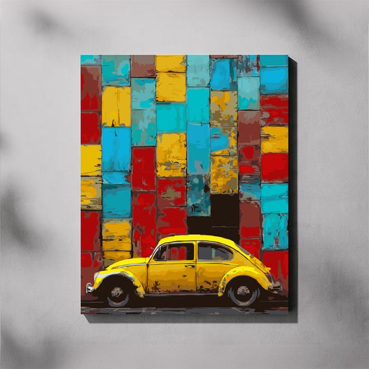 Colorful abstract wall art with a yellow car in the center