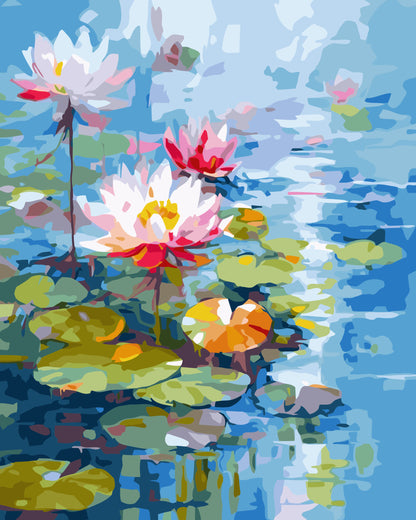 Colorful water lilies on a blue water surface with green lily pads.
