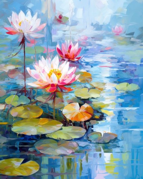 Colorful painting of lotus flowers and water lilies on a blue background