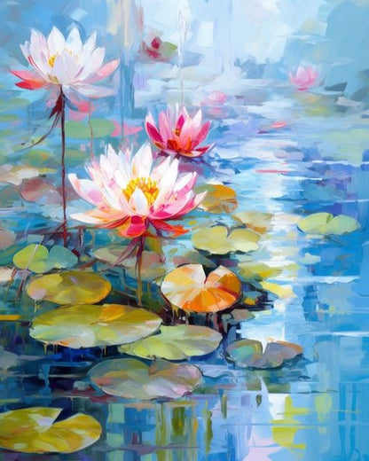Colorful painting of lotus flowers and water lilies on a blue background