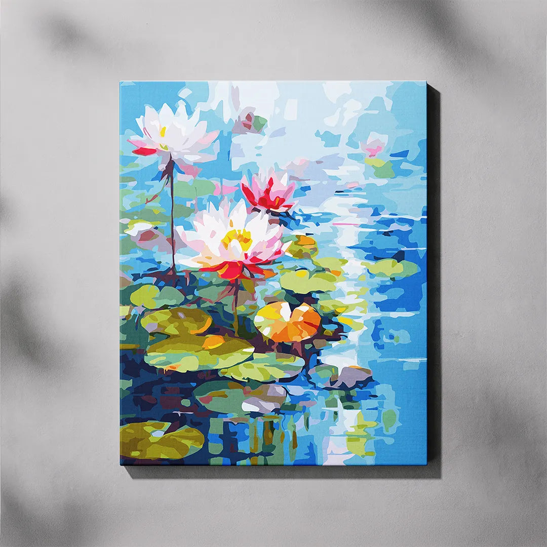 Colorful painting of water lilies on a blue background
