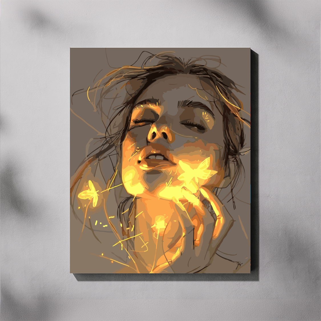 Whispers of Light 2 paint by number kit — completed canvas mockup of a sketch-style woman portrait with glowing golden light and luminous butterflies
