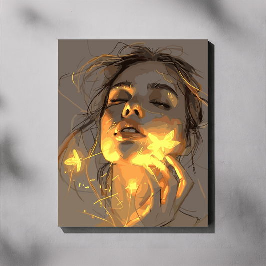 Whispers of Light 2 paint by number kit — completed canvas mockup of a sketch-style woman portrait with glowing golden light and luminous butterflies