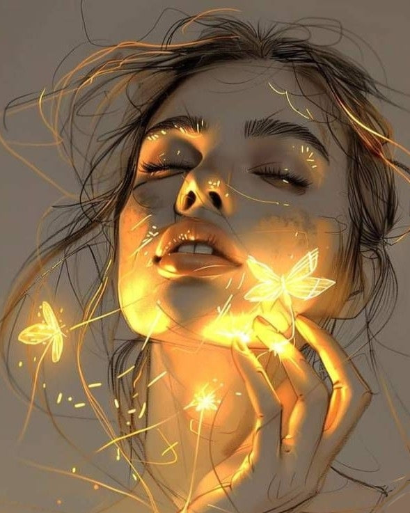 Artistic depiction of a woman's face with glowing butterflies and light effects.