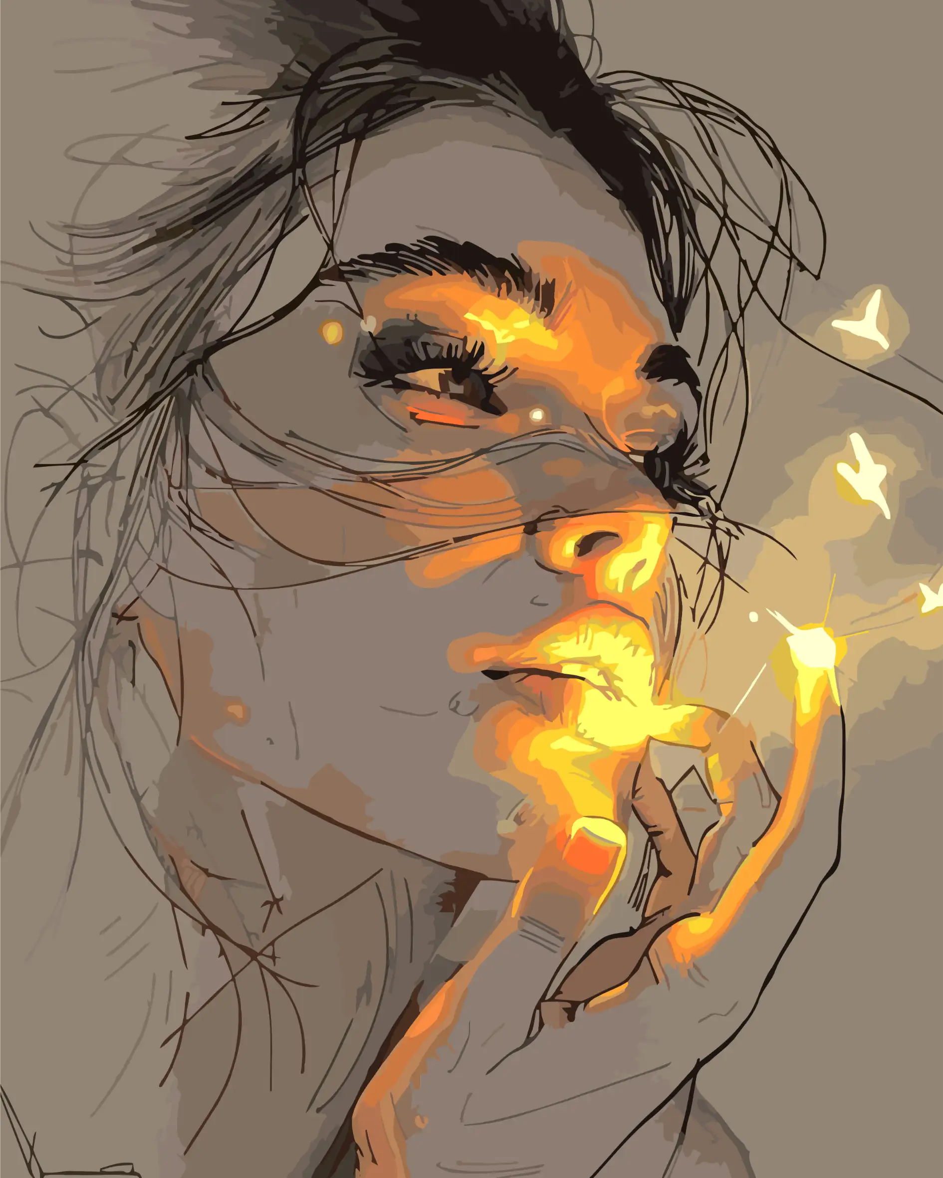 Whispers of Light paint by number kit — dreamy portrait effect showing glowing amber and gold light accents on a soft sketch-style background
