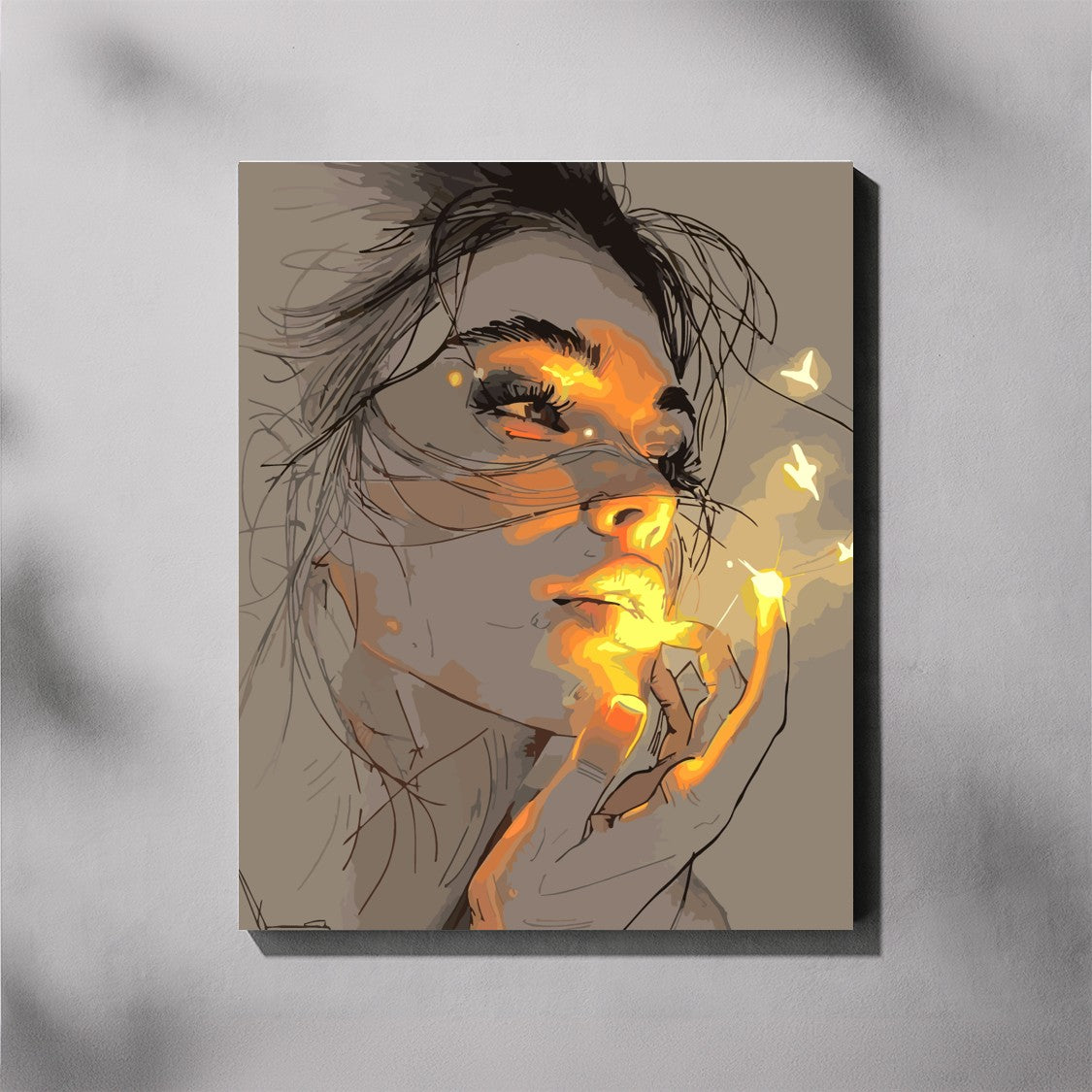 Whispers of Light paint by number kit — completed canvas mockup of a woman's face illuminated by glowing amber light with luminous butterflies