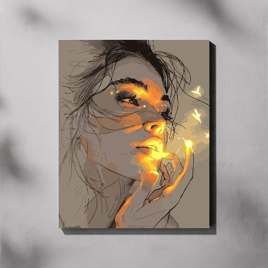 Whispers of Light paint by number kit — completed canvas mockup of a woman's face illuminated by glowing amber light with luminous butterflies