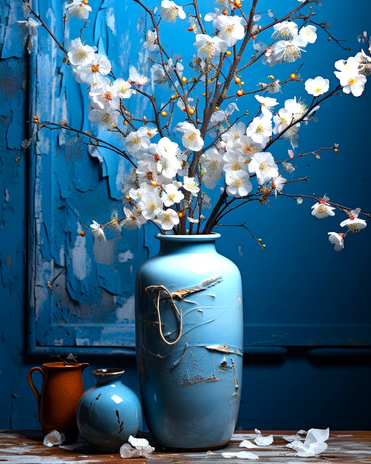 Blue vase with white flowers against a blue wall