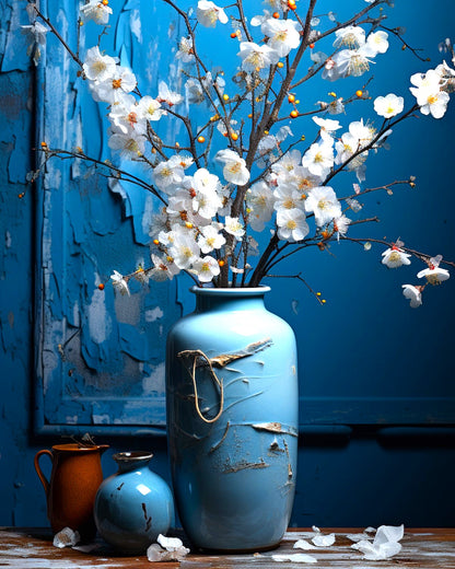 Blue vase with white flowers against a blue wall