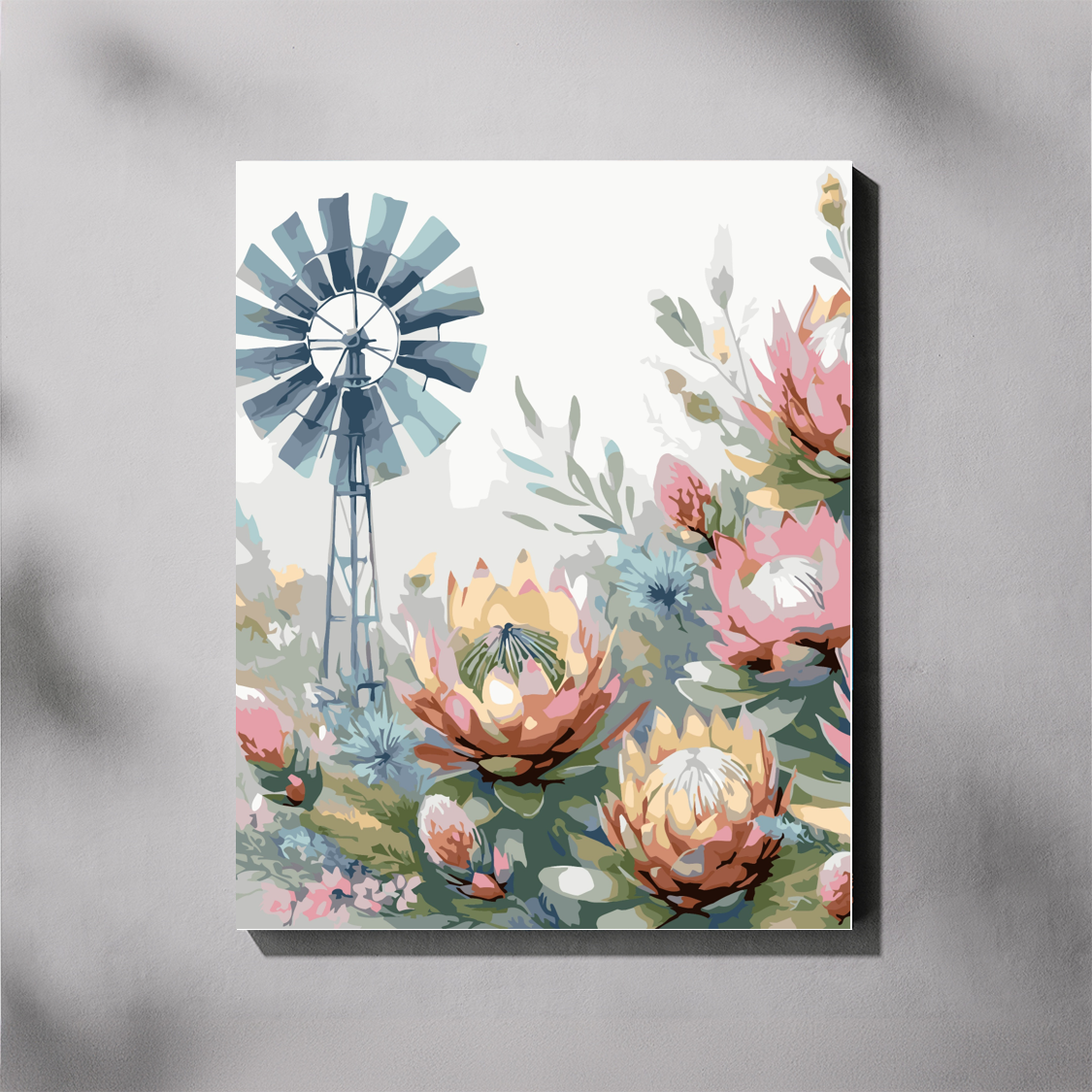 Windmill with Proteas typical Karoo setting 40x50cm paint by number kit — stretch framed canvas displayed as finished wall art