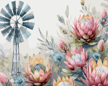 Windmill paint by number kit — artistic effect of a SA windmill with King Proteas and fynbos in soft pink, yellow and blue tones on a white background