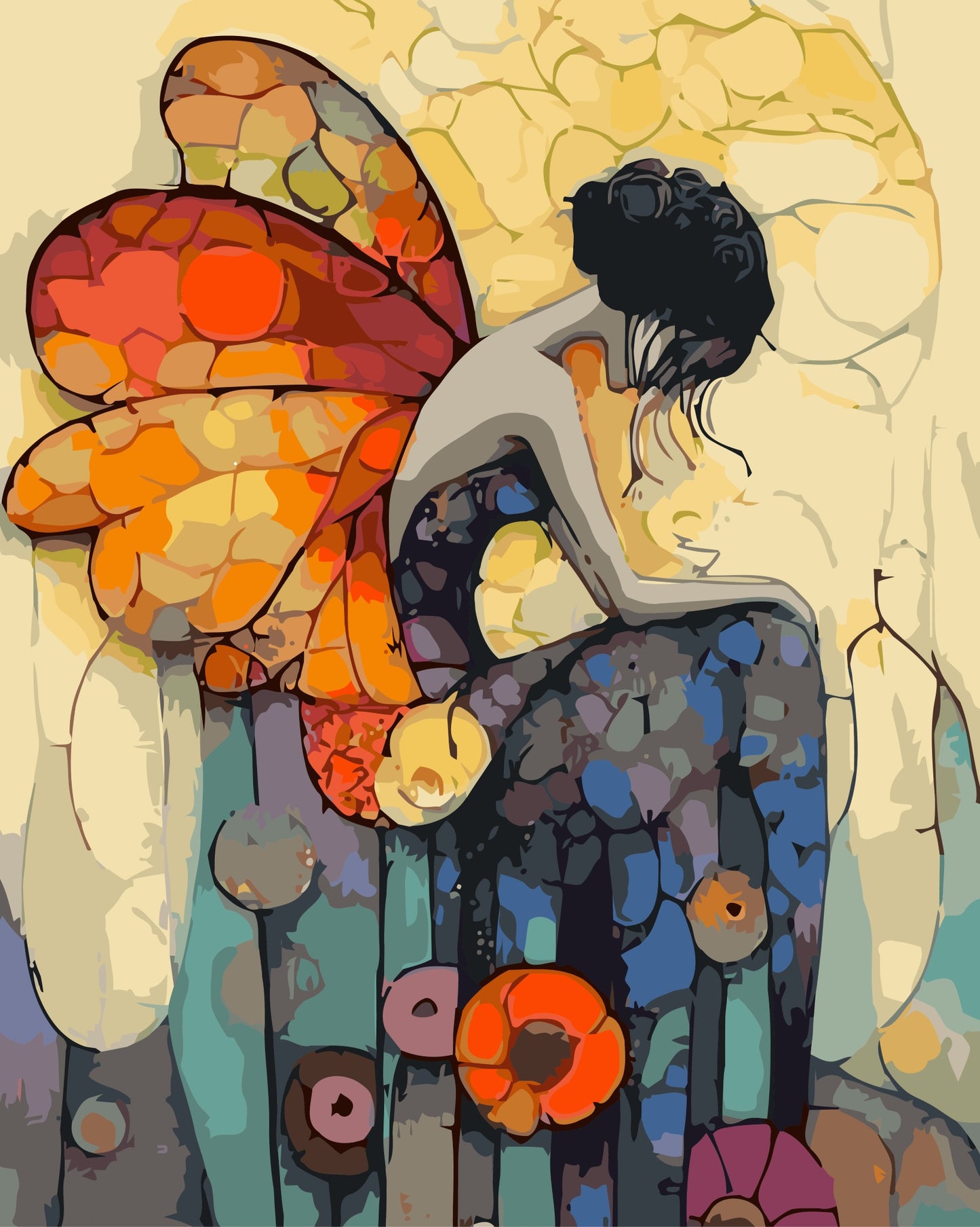 Colorful abstract artwork of a figure with butterfly wings