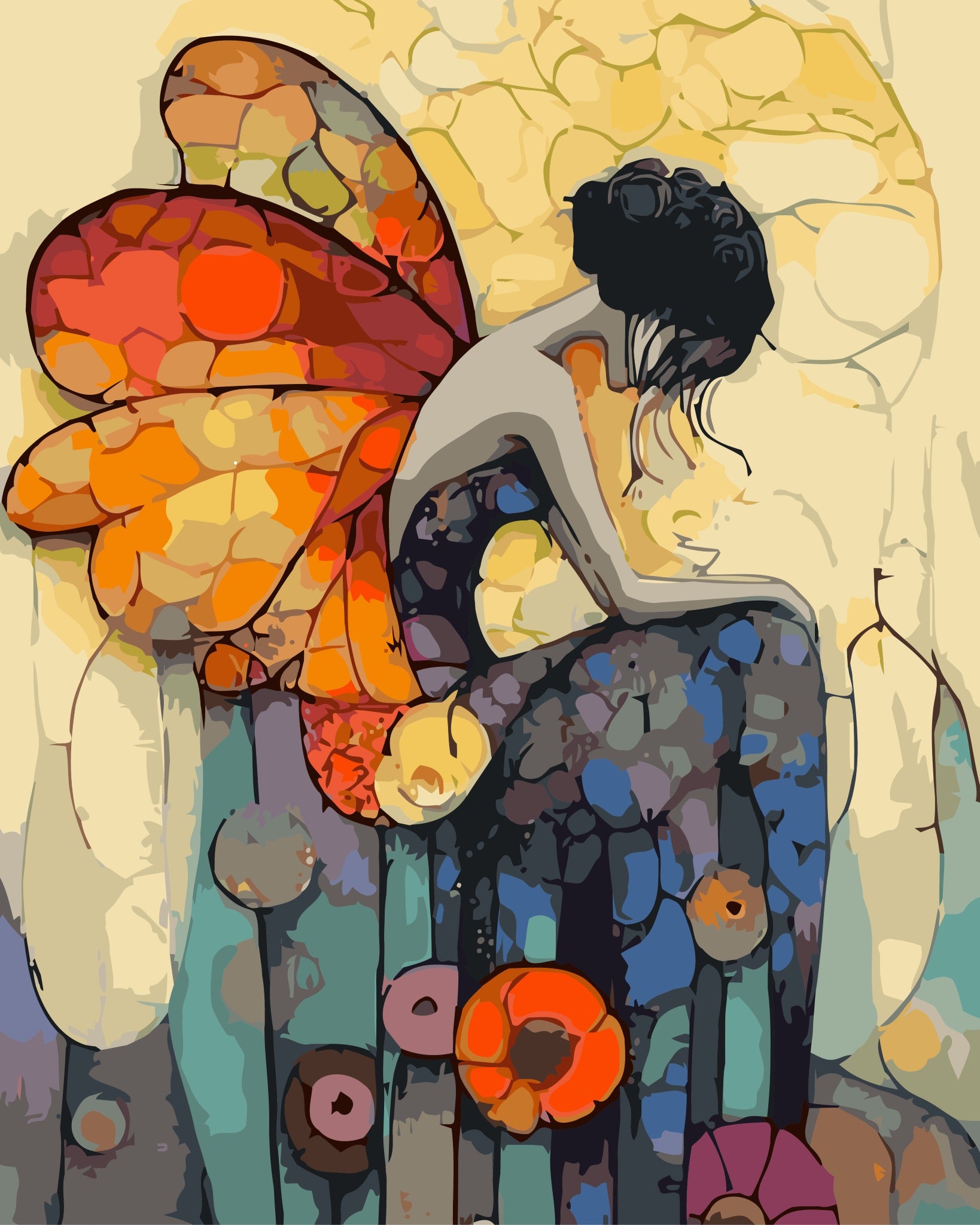 Colorful abstract artwork of a figure with butterfly wings