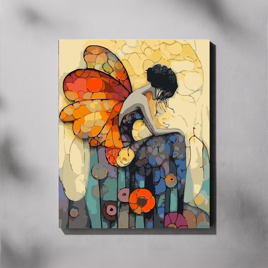 Colorful abstract artwork of a woman with butterfly wings on a gray background