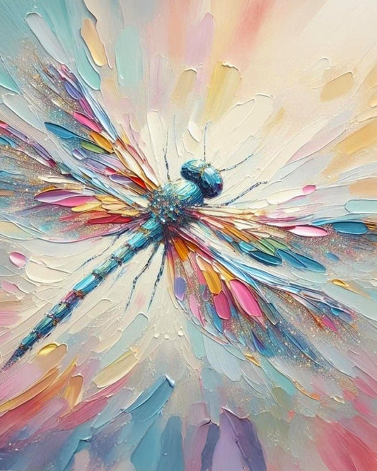 Colorful impasto-style paint by number of a dragonfly with layered brushstrokes in blue, pink, yellow, orange, and purple on a soft cream background.