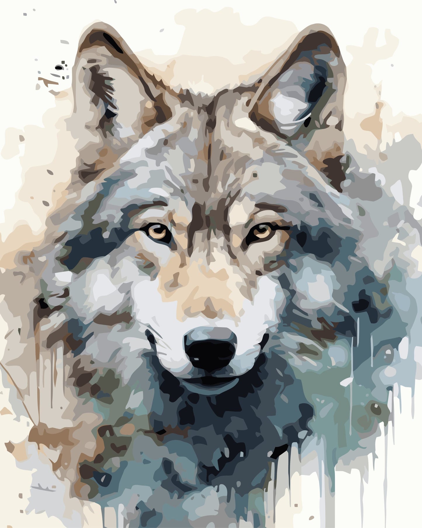 Artistic depiction of a wolf's head with a watercolor style.