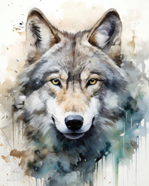Artistic depiction of a wolf's face with watercolor effects on a light background