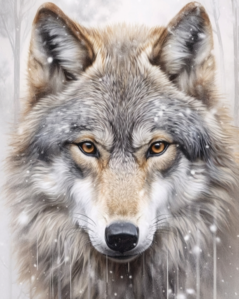 A close-up portrait of a gray and white wolf with amber eyes, shown against a snowy, soft-focus background.