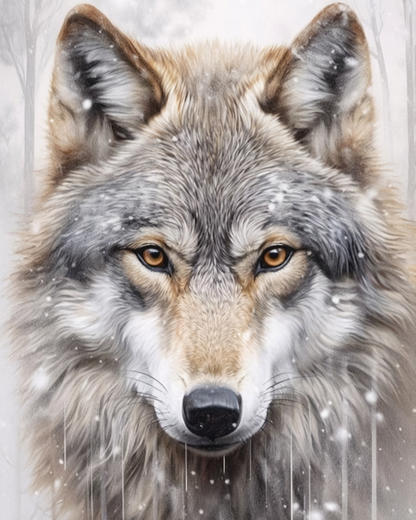 A close-up portrait of a gray and white wolf with amber eyes, shown against a snowy, soft-focus background.