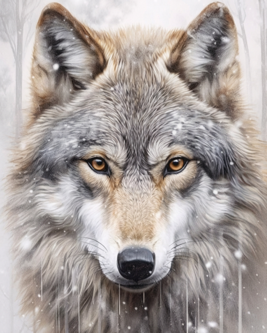 A close-up portrait of a gray and white wolf with amber eyes, shown against a snowy, soft-focus background.