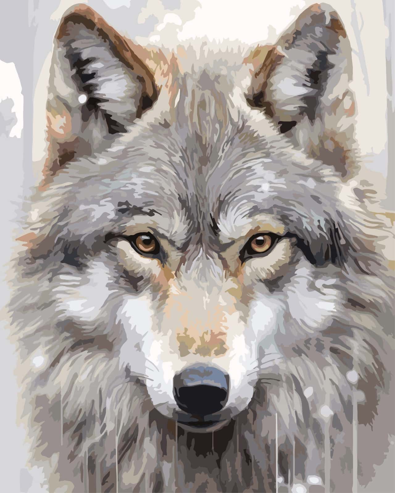 A paint by number portrait of a gray wolf with amber eyes and a black nose, rendered in painterly brushstroke textures on a light neutral background.