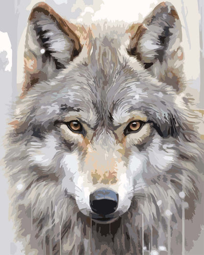 A paint by number portrait of a gray wolf with amber eyes and a black nose, rendered in painterly brushstroke textures on a light neutral background.