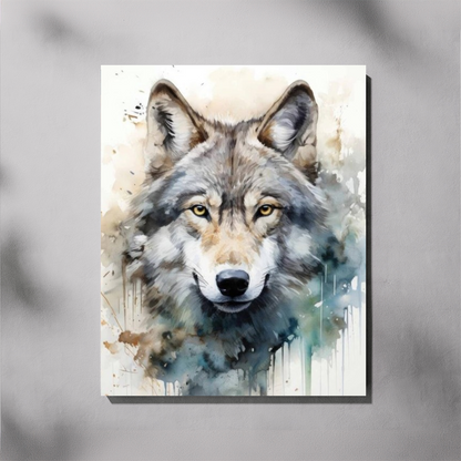 Artistic depiction of a wolf's head on a textured background
