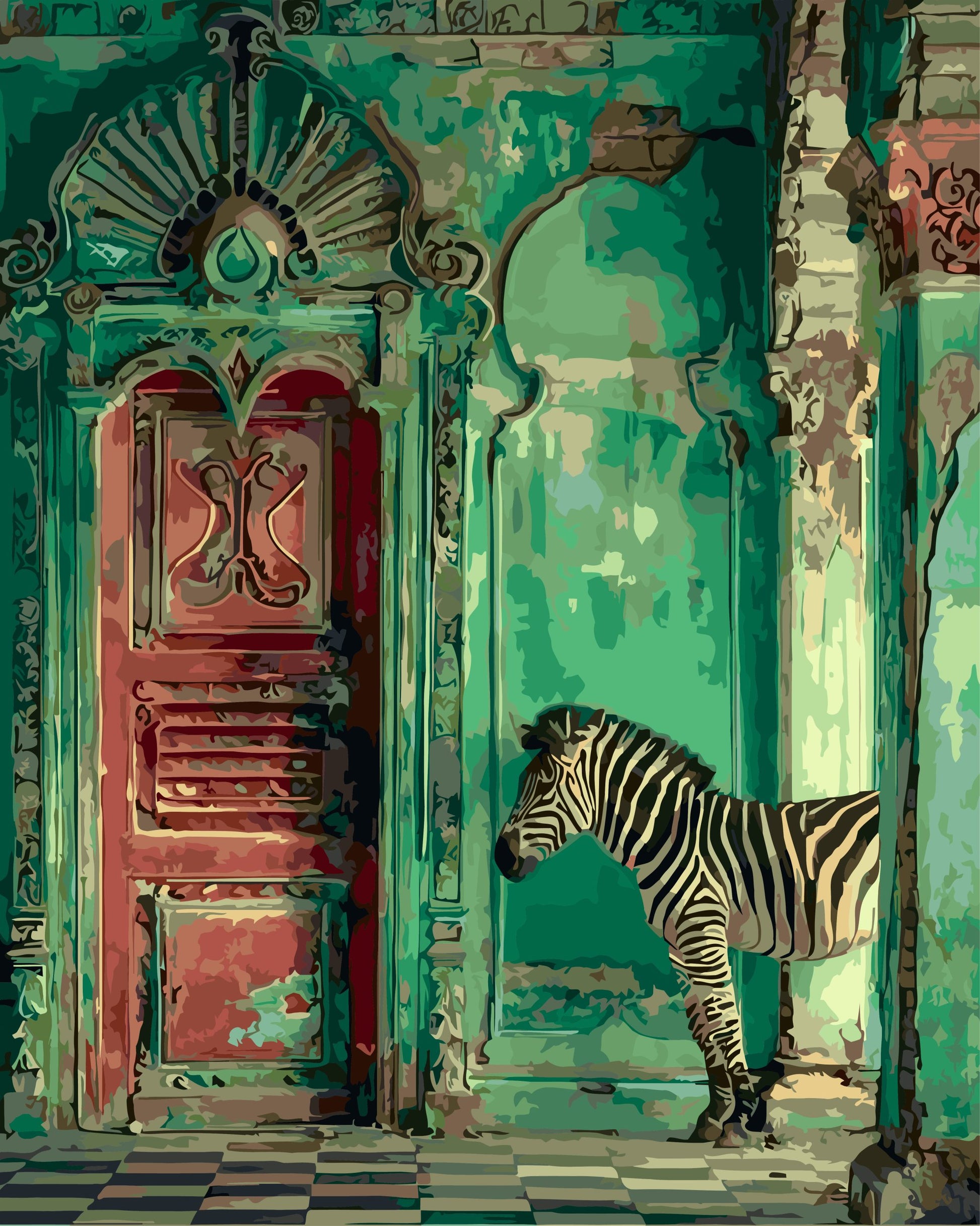 Paint by number of a Zebra standing in front of a decorative door with a checkered floor