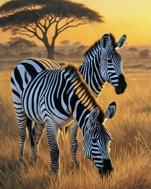 Two zebras standing in a grassy savannah with a tree in the background.