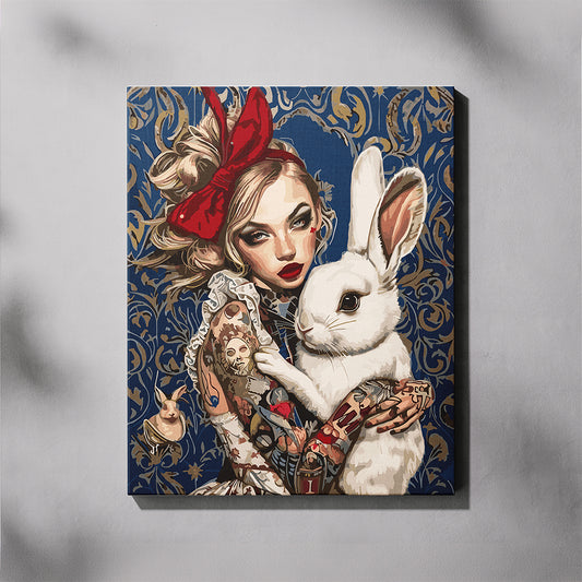 Canvas print of a woman with tattoos holding a white rabbit against a decorative blue background.