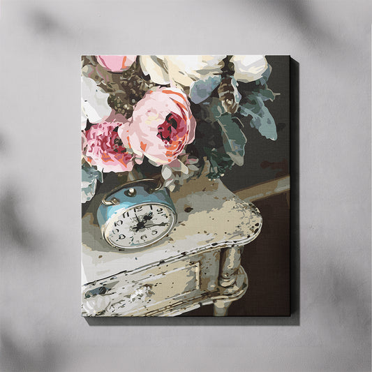Floral painting with an old clock on a gray background