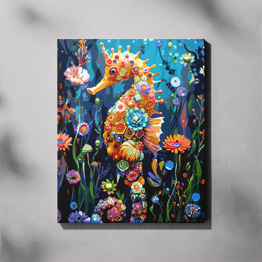 Bedazzled Seahorse paint by number kit — completed canvas mockup of a jewel-encrusted golden seahorse with colourful flowers against a deep teal ocean background