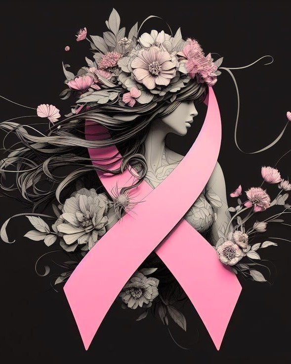 Artistic illustration of a woman with a pink ribbon and floral elements on a black background