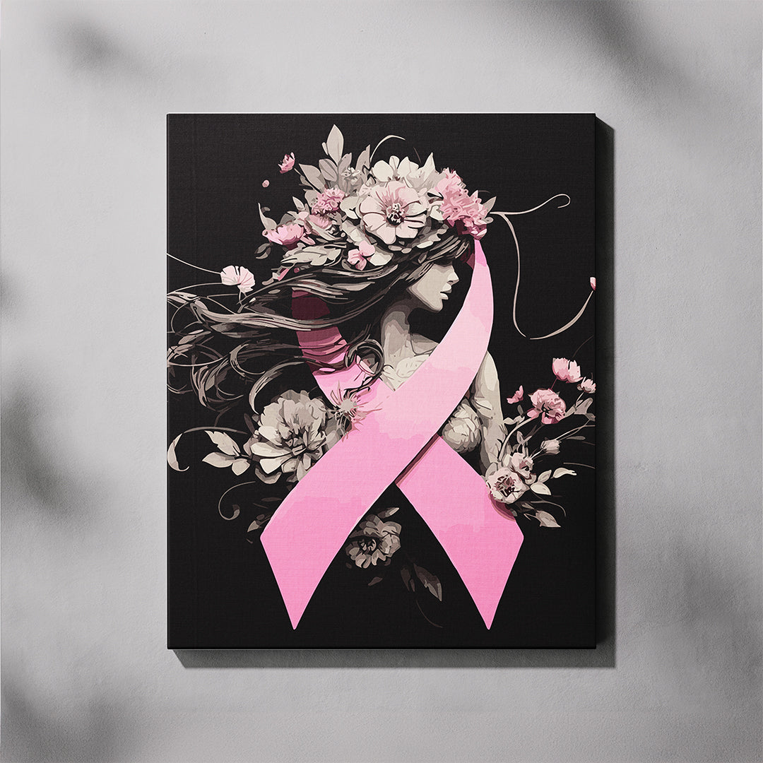 Canvas print with a woman's silhouette, pink ribbon, and floral elements on a dark background