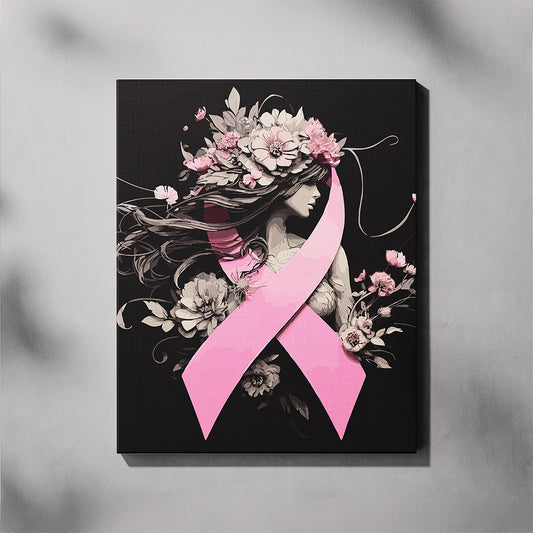 Canvas print with a woman's silhouette, pink ribbon, and floral elements on a dark background