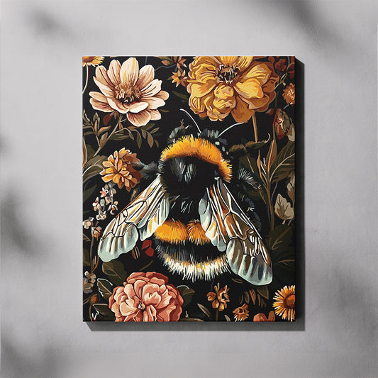 Canvas print of a bee and floral design on a dark background