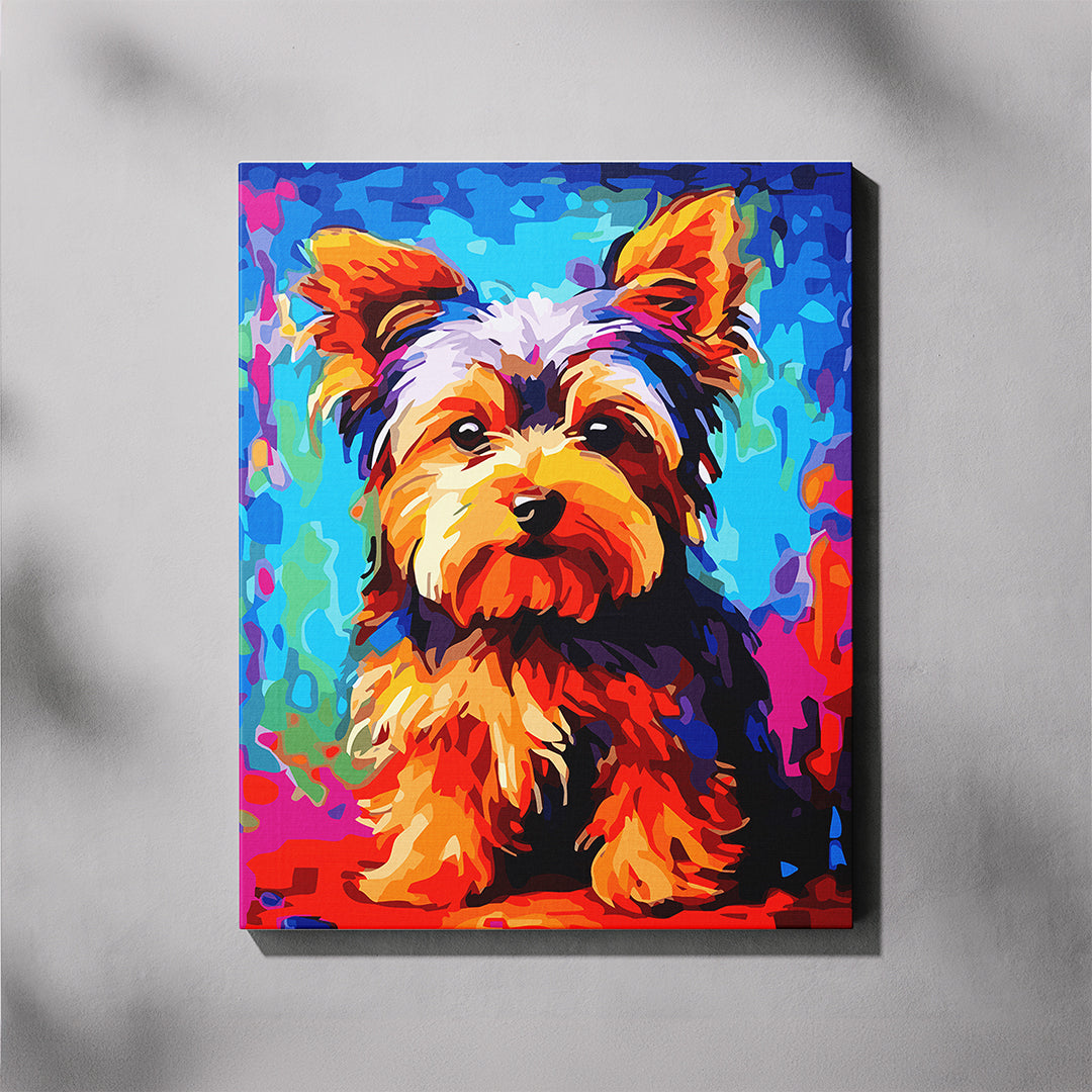 Yorkshire Terrier paint by number kit — vibrant colour pop portrait of a fluffy Yorkie in bold blues, oranges and reds