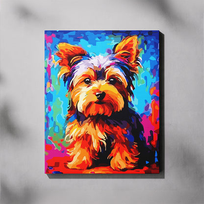 Yorkshire Terrier paint by number kit — vibrant colour pop portrait of a fluffy Yorkie in bold blues, oranges and reds