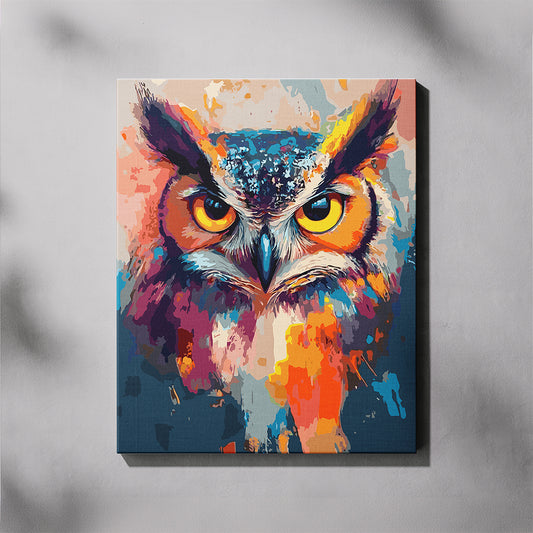 Colorful owl painting on a gray background