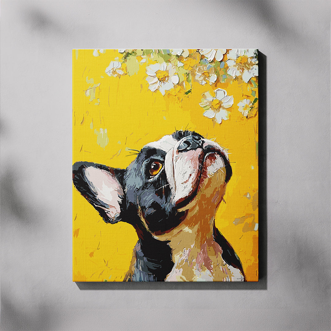 Painting of a dog's face on a yellow background with floral elements