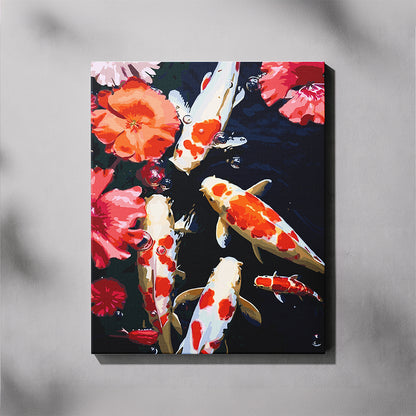 Canvas print of koi fish and flowers on a dark background