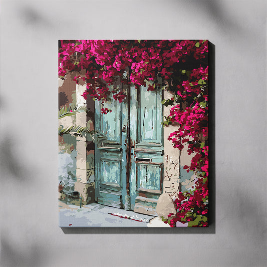 Canvas print of a floral scene with a blue door on a gray background