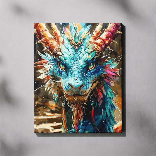 Colorful dragon painting on a gray background