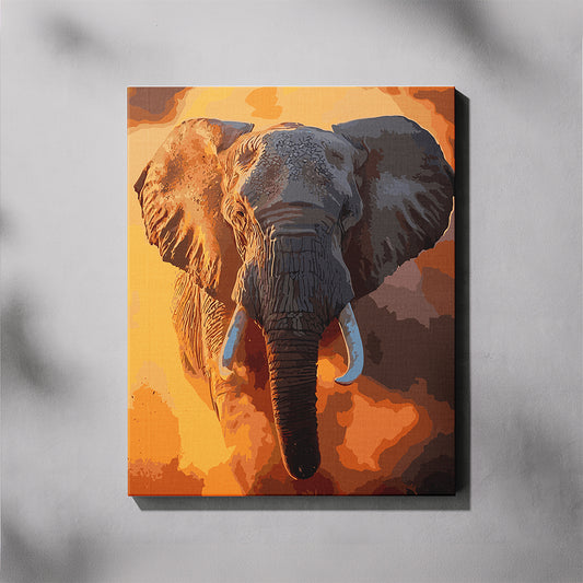 Canvas print of an elephant with a warm color palette on a gray background
