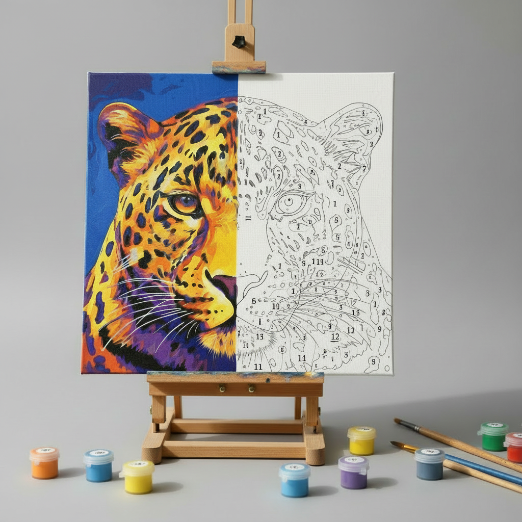 Paint by number with a leopard design on an easel, surrounded by paint pots and brushes.