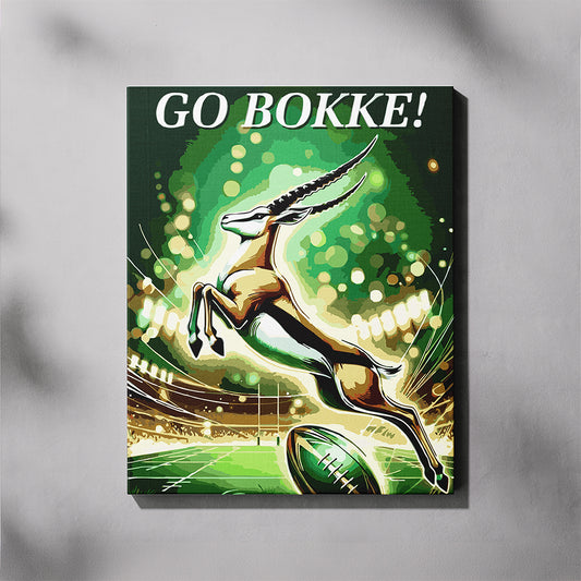 Canvas print with iconic springbok leaping over a rugbyball, and 'GO BOKKE!' text on a green background.