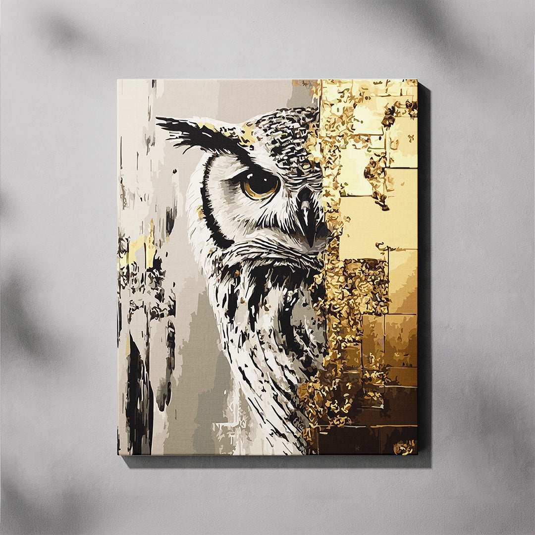 Canvas print of an owl with gold and black abstract patterns on a gray background